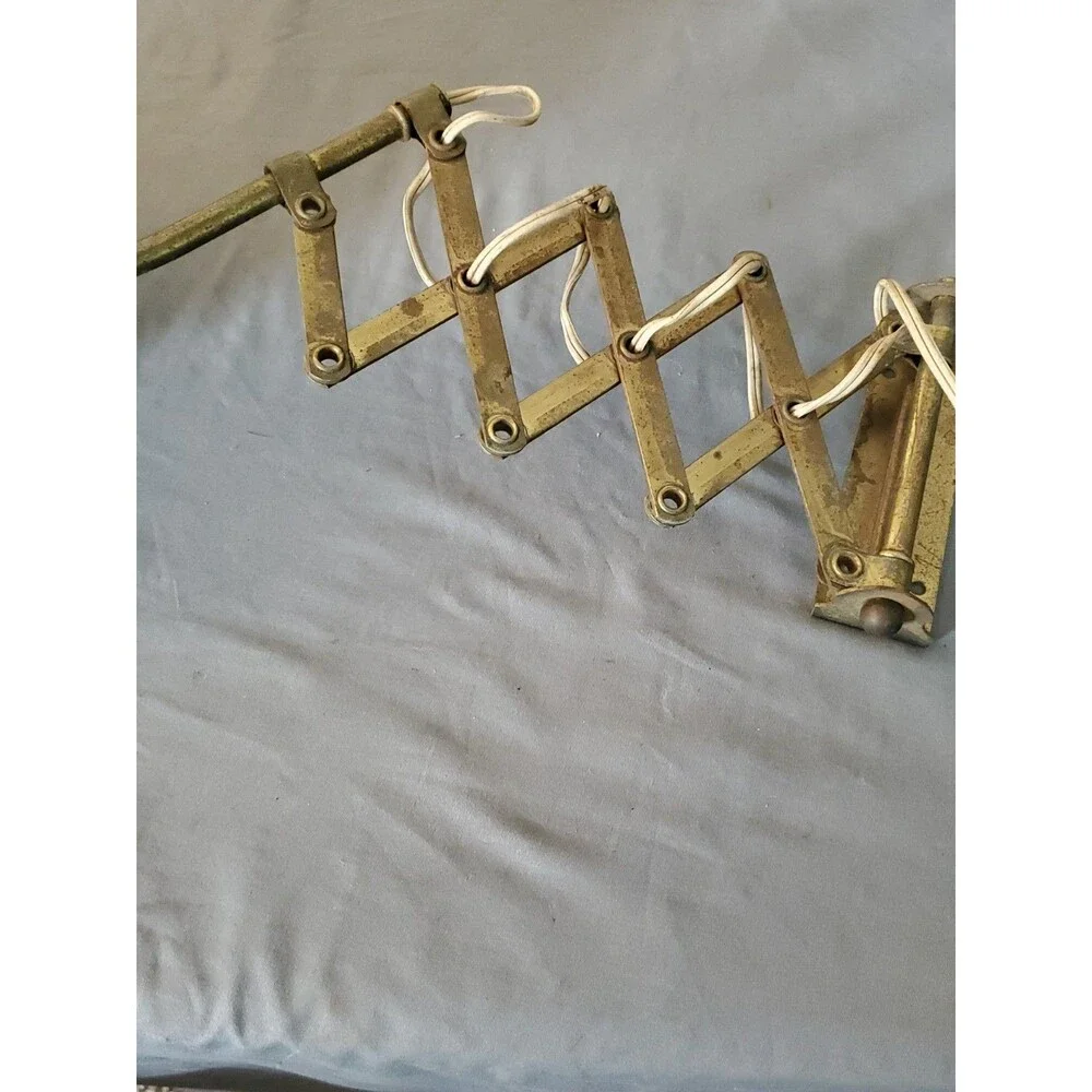 Vtg  MCM Industrial Brass Scissor Arm Star Cone Wall Lamp Extendable Sconce Work